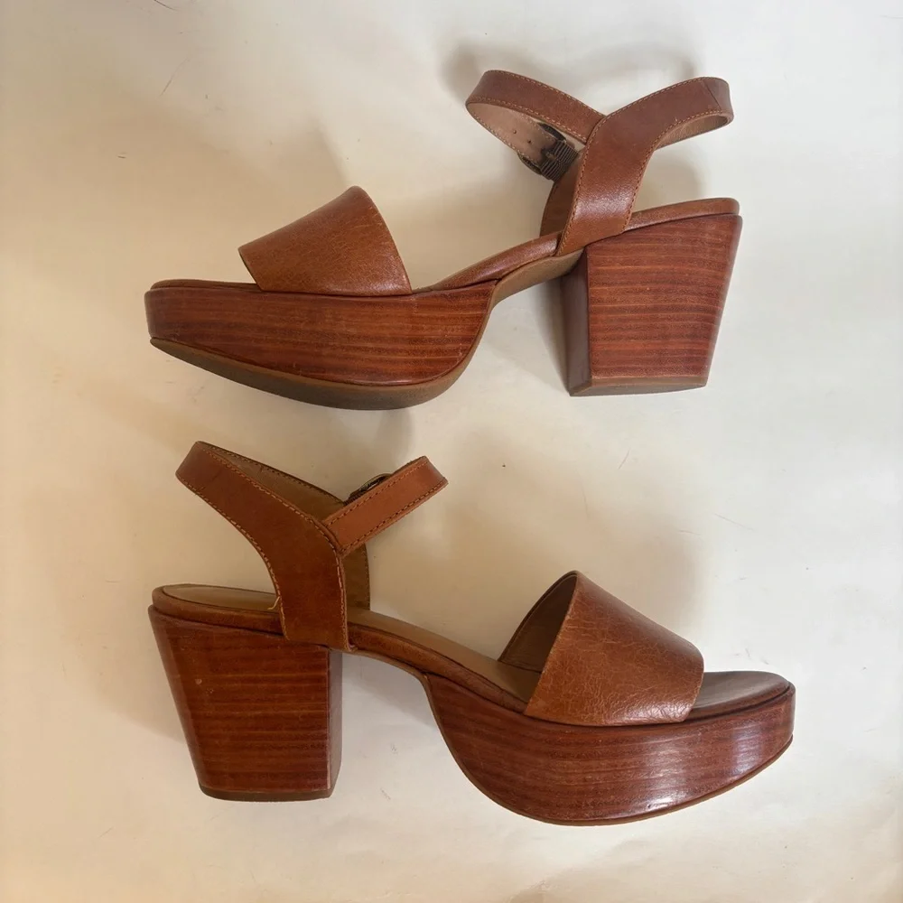 Fortress of Inca Hannah Sandals Tan Brown Block Heels Ankle Strap Leather 39 8.5